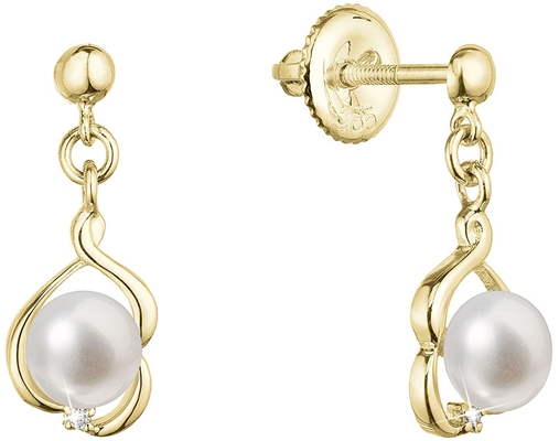 Zlaté 14 karátové náušnice visiace s riečnou perlou a briliantmi 91PB00057