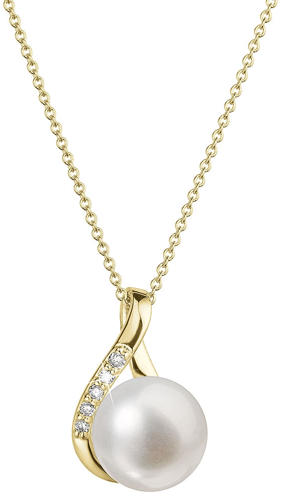 Zlatý 14 karátový náhrdelník slza s bielou riečnou perlou a briliantmi 92PB00029