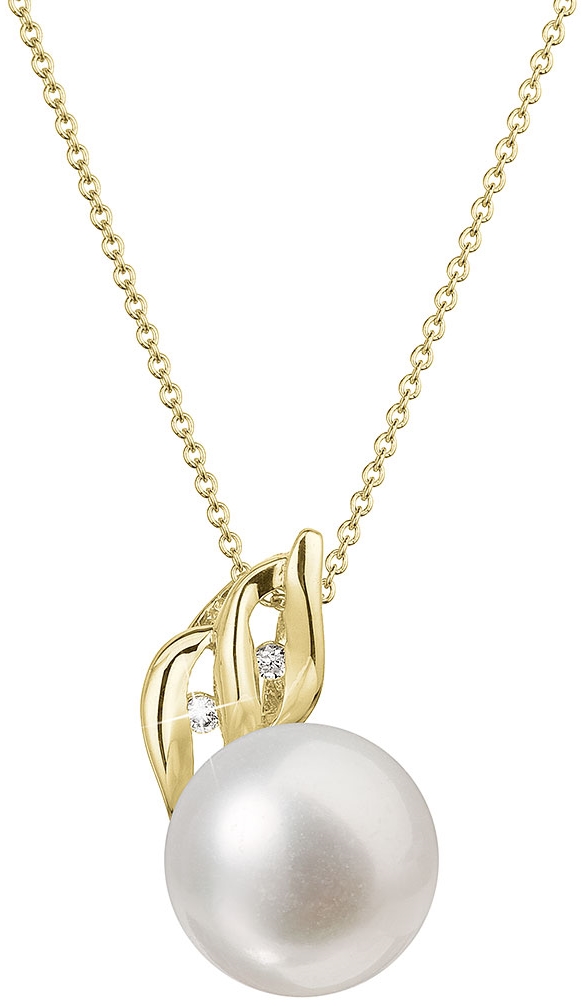 Zlatý 14 karátový náhrdelník s bielou riečnou perlou a briliantmi 92PB00038