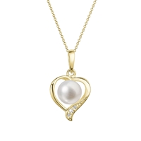 Zlatý 14 karátový náhrdelník srdca s bielou riečnou perlou a briliantmi 92PB00049