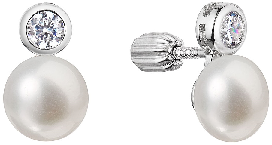 Strieborné náušnice kôstky s riečnou perlou button a jedným zirkónom 21089.1B