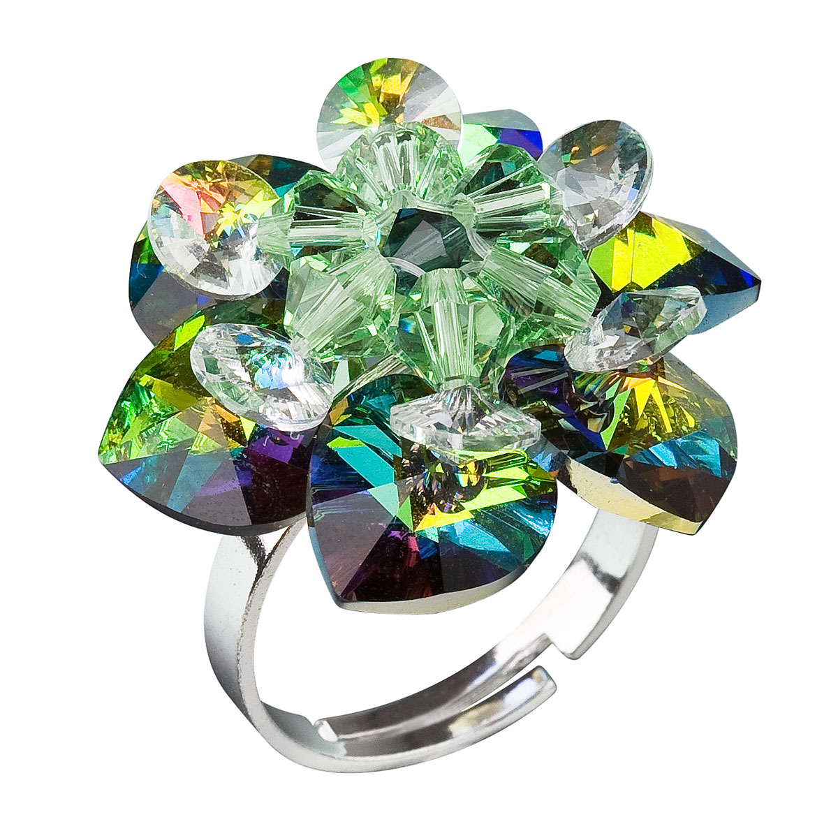 Prstene - Strieborný prsteň s krištáľmi Swarovski zelený kvietok 35012.5