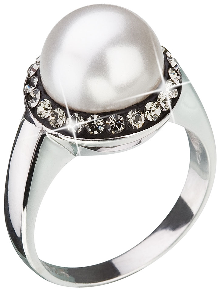 Strieborný prsteň so sivými krištálmi Swarovski a bielou perlou 35021.3