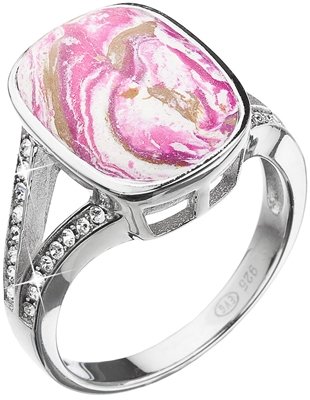 Strieborný prsteň obdĺžnik ružovobiely mramor s kryštálmi 75014.1