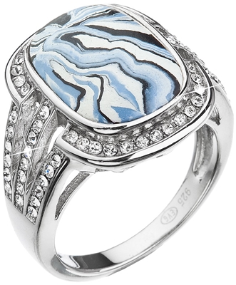 Strieborný prsteň obdĺžnik modrobiely mramor so Swarovski kryštálmi 75015.1