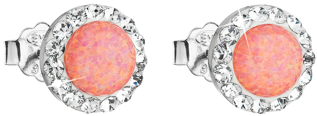 Strieborné náušnice perličky so syntetickým opálom a krištálmi Swarovski oranžové okrúhle 31217.1