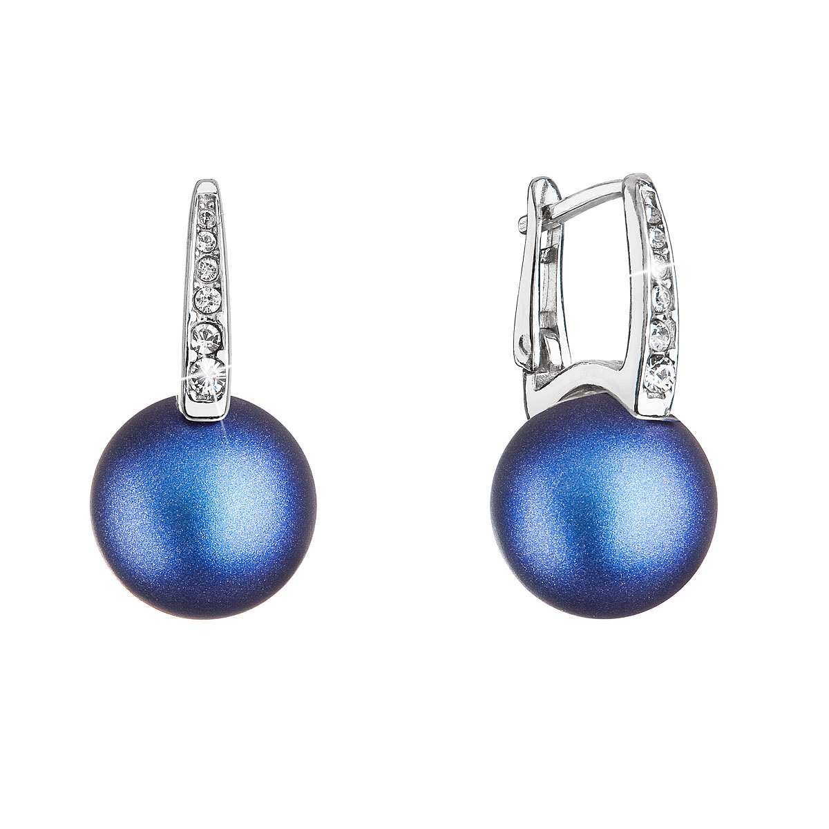 Strieborné náušnice visiace so Swarovski perlou a kryštály 31301.3 tmavo modré