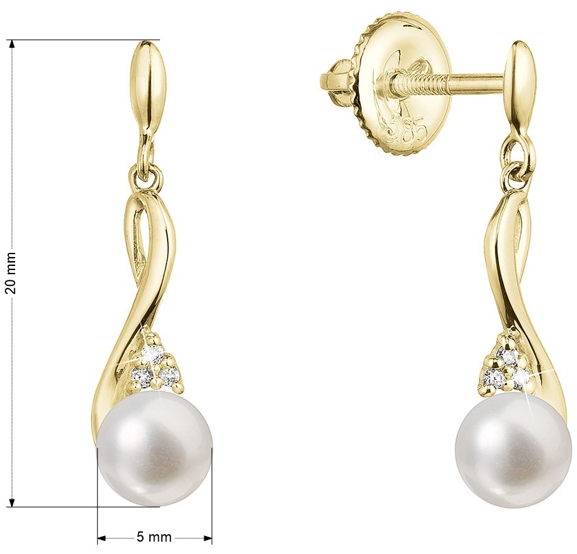 Zlaté 14 karátové náušnice visiace s riečnou perlou a briliantmi 91PB00055