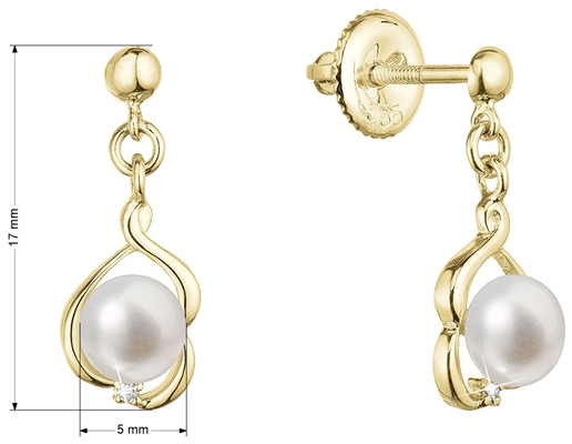 Zlaté 14 karátové náušnice visiace s riečnou perlou a briliantmi 91PB00057