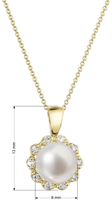 Zlatý 14 karátový náhrdelník kytička s bielou riečnou perlou a briliantmi 92PB00036
