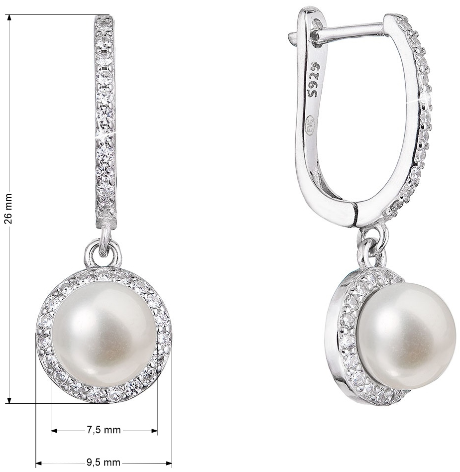 Strieborné náušnice visiace s bielou riečnou perlou a zirkónmi okrúhle 21076.1