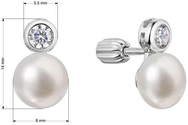 Strieborné náušnice kôstky s riečnou perlou button a jedným zirkónom 21089.1B