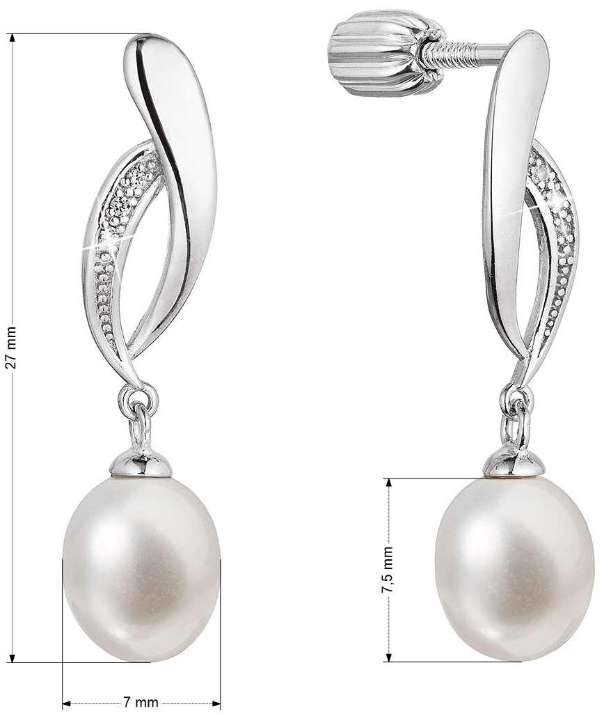 Strieborné náušnice kôstky s riečnou perlou a zirkónmi biela 21103.1B
