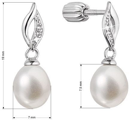 Strieborné náušnice visiace s riečnou perlou a zirkónmi biela 21104.1B