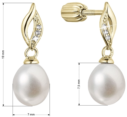 Pozlátené strieborné náušnice visiace s riečnou perlou a zirkónmi biela 21104.1B Au plating