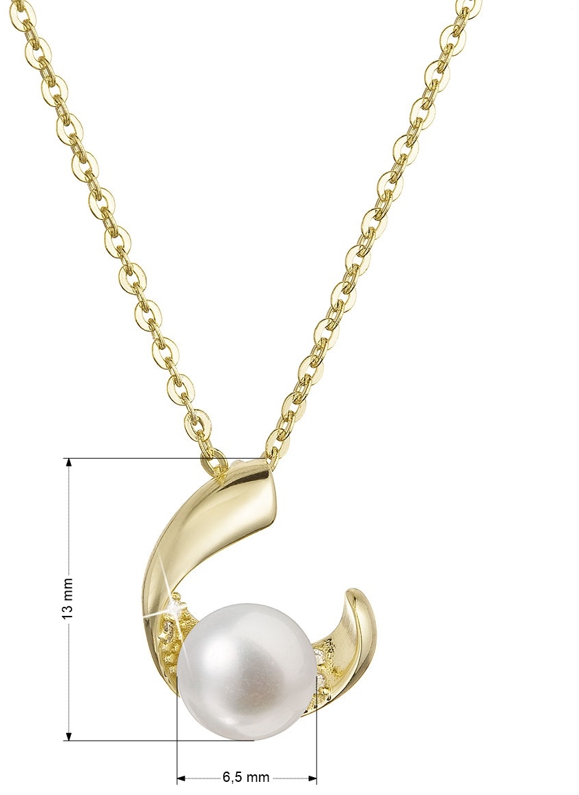 Pozlátený strieborný náhrdelník s pravou riečnou perlou v polkruhu so zirkónmi 22041.1 Au plating