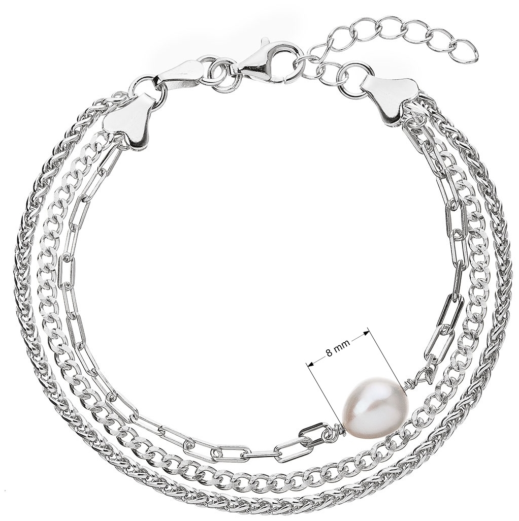 Trojitý strieborný náramok z retiazok s bielou perlou 23028.1