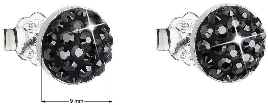 Strieborné náušnice kôstka s krištáľmi Swarovski čierne okrúhle 31136.5