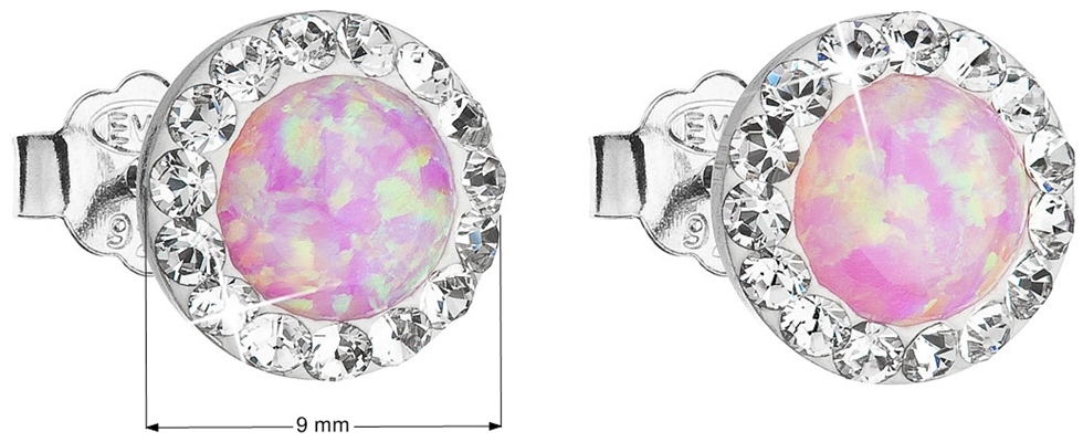 Strieborné náušnice kôstky so syntetickým opál a krištály Swarovski ružové okrúhle 31217.1