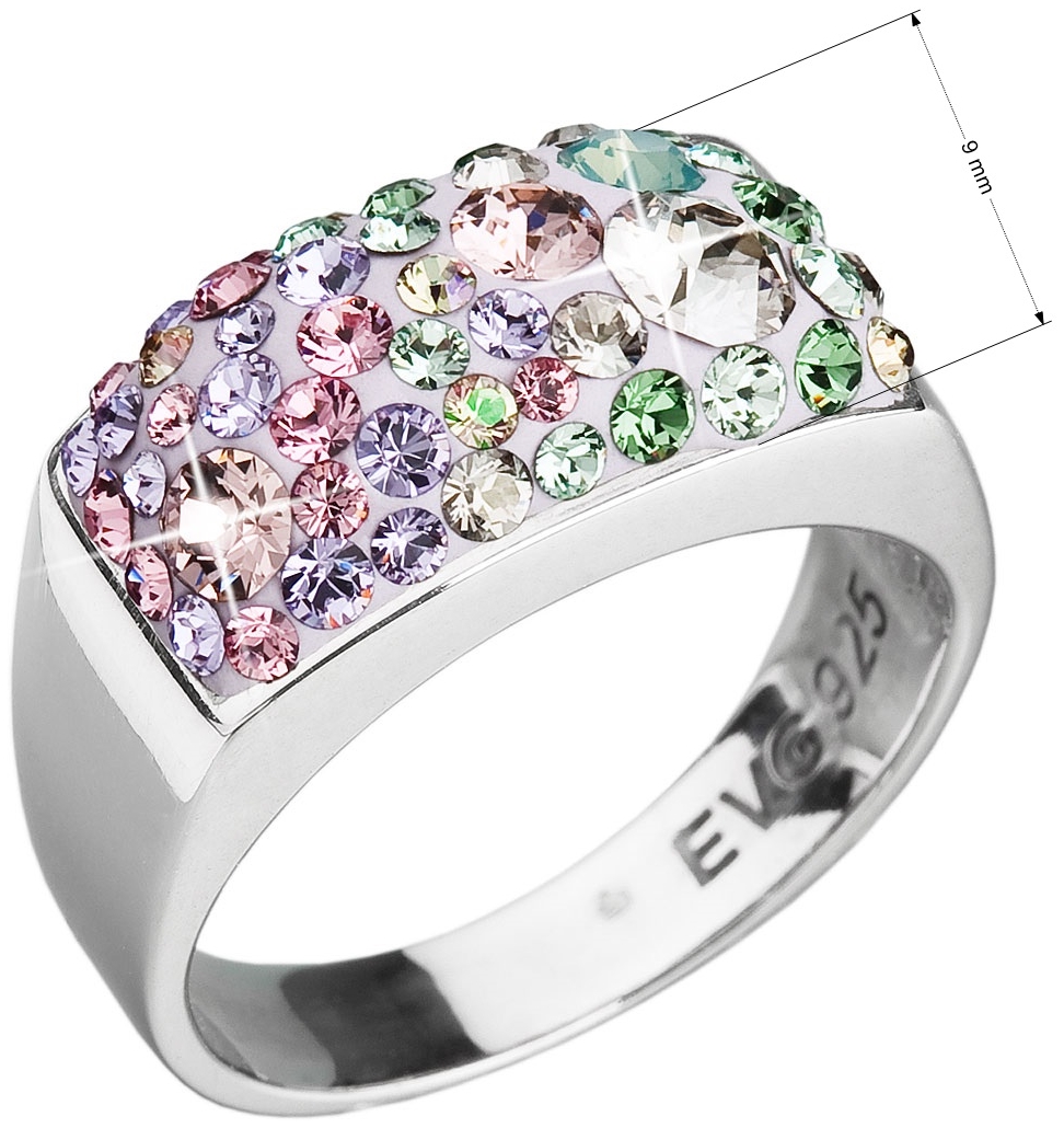 Strieborný prsteň s krištálmi Swarovski mix farieb fialová zelená ružová 35014.3