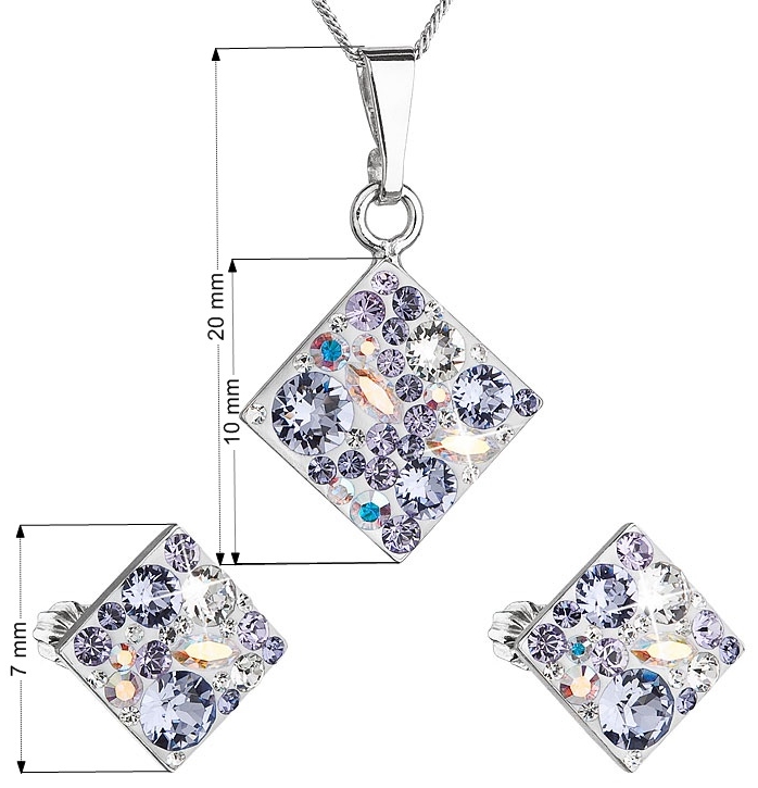 Sada šperkov s krištáľmi Swarovski náušnice, retiazka a prívesok fialový kosoštvorec39126.3 violet