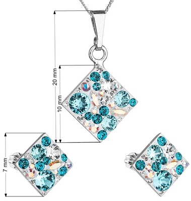 Sada šperkov s krištáľmi Swarovski náušnice, retiazka a prívesok modrý kosoštvorec39126.3 turquoise