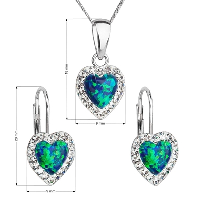 Sada šperkov so syntetickým opálom a krištálmi Preciosa náušnice a prívesok zelené srdce 39161.1