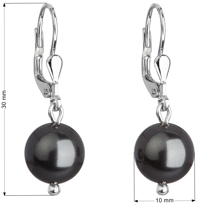 Strieborné náušnice visiace s perlou Swarovski čierne okrúhle 71006.3