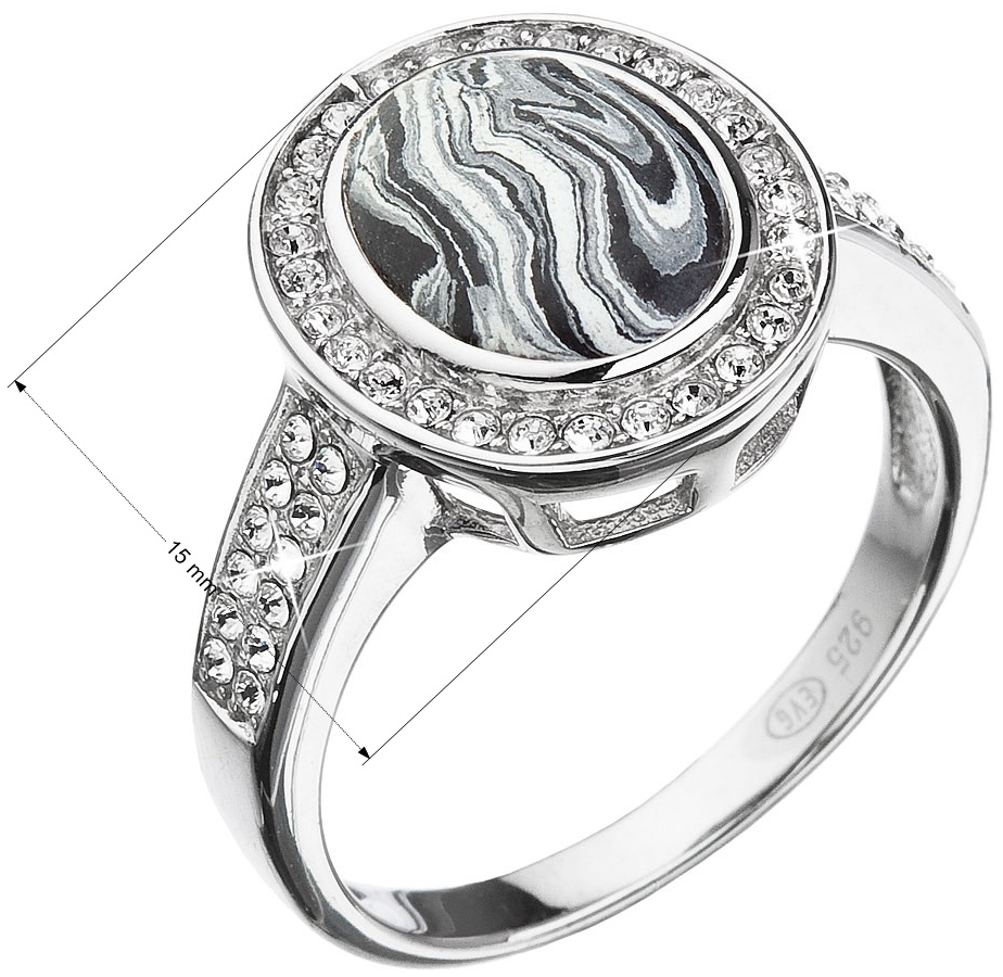 Strieborný prsteň ovál čiernobiely mramor sa Swarovski kryštály 75018.1