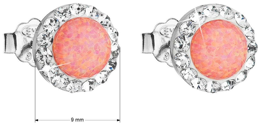 Strieborné náušnice perličky so syntetickým opálom a krištálmi Swarovski oranžové okrúhle 31217.1
