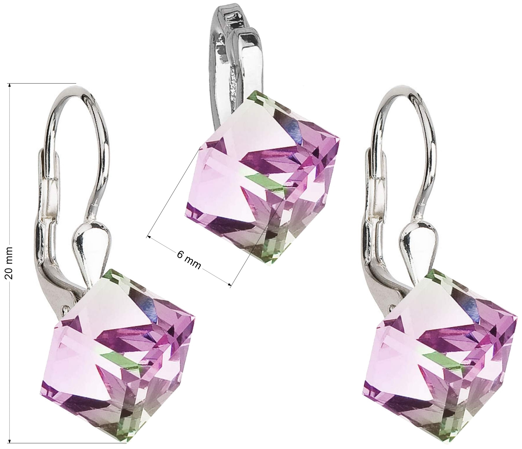 Sada šperkov s kryštálmi náušnice a prívesok fialová kocka 39068.5 vitrail light