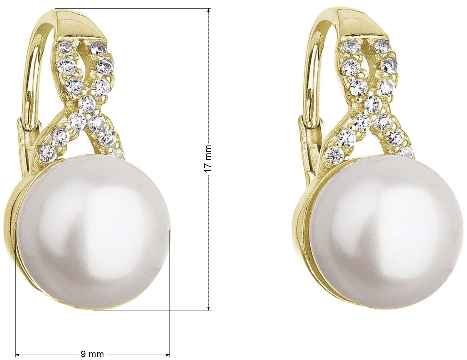 Pozlátené náušnice visiace s bielou riečnou perlou a zirkónmi 21048.1 Au plating