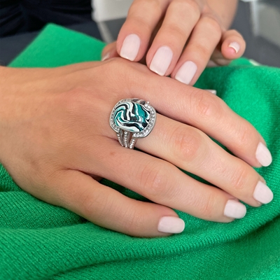 Strieborný prsteň obdĺžnik zelenobiely mramor s kryštálmi 75016.1 zelený mramor